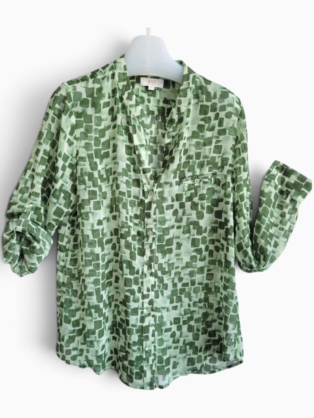 KUT from the Kloth Green Abstract Print Roll Tab Sleeve Blouse L Sheer Tunic Top